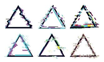 Glitch triangle frame. Destroyed geometric shape with distorted signal or noise. Light bug effects set vector