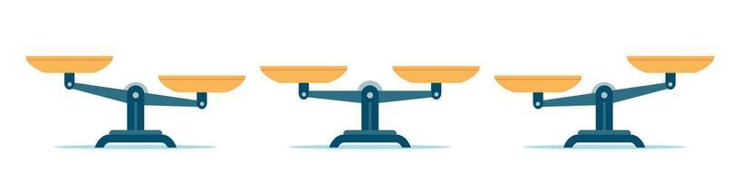 Scales in balance and imbalance. Flat libra icon with gold bowls in equal position. Weight mass comparison on leverage scales, vector set