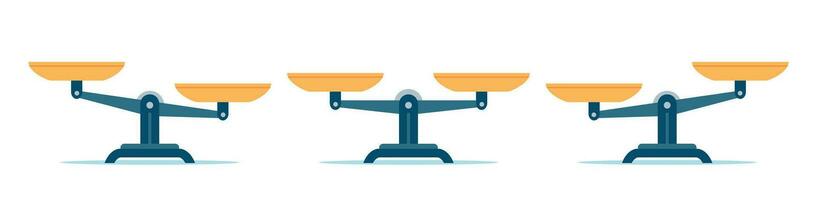 Scales in balance and imbalance. Flat libra icon with gold bowls in equal position. Weight mass comparison on leverage scales, vector set