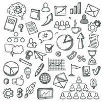 Doodle startup. Sketch smart idea concept with light bulb, digital innovation company and icons, teaching business marketing, vector set