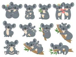 linda coala y bebé. dibujos animados pequeño koalas con mamás australiano oso amoroso Pareja abrazo. bebé ducha fiesta. naturaleza selva animales vector conjunto