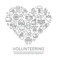 Volunteer line poster. Charity and donation banner, heart shaped icons. Social care voluntary work. Activity helping people, vector concept