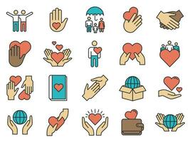 Friends care icons. Love and friendship icon. Line family protection and support, volunteer help, handshake and hand share heart, vector set