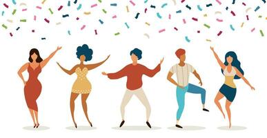 Dancers. Group of young people dancing in club. Celebration party with confetti. Happy teens dance, jump together. Funny vector characters