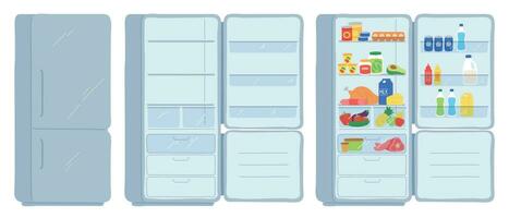 Open refrigerator. Closed, empty and full of food fridge. Cool shelves with meat, dairy, drinks and cans. Cartoon kitchen freezer vector set