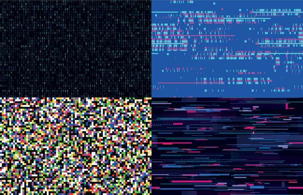 Futuristic neon glitch seamless pattern. TV pixel noise on television screen. Distorted signal collection