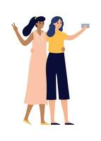 novias posando para foto en teléfono inteligente mujer tomando selfie utilizando móvil teléfono. hermosa caracteres vector