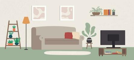 Living room interior with different furniture and TV. Indoor items as comfortable sofa with pillows, plant vector