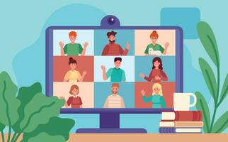 Video conferencing. Computer screen with group colleagues, virtual work meeting. Online discussion, remote management cartoon vector concept