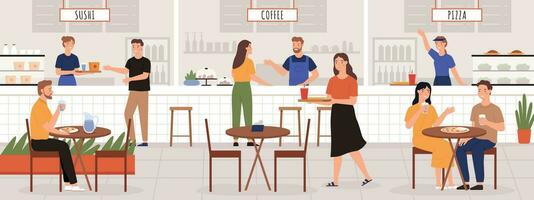 People in food court. Adult men and women eat lunch in cafe or restaurant interior with table. Sushi, coffee and pizza place vector concept