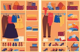 Messy clothes in wardrobe. Open closet with messy, organized shoes and accessories, cloakroom before and after organization, vector concept