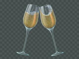 Two champagne glasses. Toast of wineglasses with sparkling transparent white wine and bubbles. Christmas, new year isolated vector elements