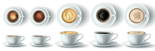 café taza. realista caliente ristretto, Café exprés, espuma americano, latté y capuchino con crema en tazas. jarra frente y parte superior ver 3d vector conjunto
