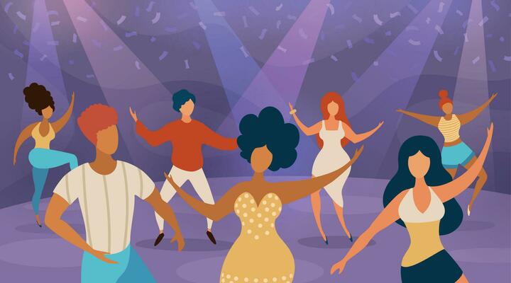 People dance floor. Happy women and men dancing on disco party. Cartoon dancers in nightclub concert. Music fun night in club vector concept