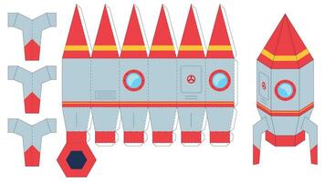 cohete papel cortar juguete. hoja de cálculo con misil. cortar y pegamento el papel astronave, crear juguetes tú mismo, niños hecho a mano juego de azar rompecabezas vector conjunto