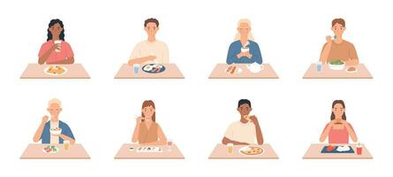 People eat. Men and women eating delicious meals, friends sit at table in restaurant, cafe and eat different tasty dishes cartoon vector set