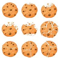 Broken oatmeal cookies. Cartoon bitten choco chip cookie with crumbs. Homemade chocolate round shaped crunch cookies. Sweet snack vector set