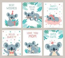 Koala posters and cards. Prints with cute sleeping koalas. Australian baby bear hugs mother. Party invitation with jungle animal, vector set