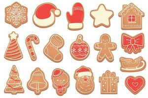 Gingerbread. Christmas cookies new years bell, xmas tree, snowflakes and star, santa and snowman, gingerbread man and house vector set