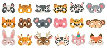 Animal mask. Photo booth props, panda bear and zebra, tiger and pig, koala and cow, unicorn and monkey, owl carnival zoo masks vector set