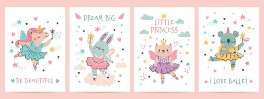 Animal princess in tutu. Magic fairy unicorn, bunny, cat and koala in ballet dresses. Scandinavian nursery ballerina print design vector set