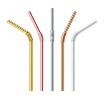 Metal drinking straw. Gold, silver and steel reusable drinking straws, modern accessories for drinks eco lifestyle realistic 3d vector set