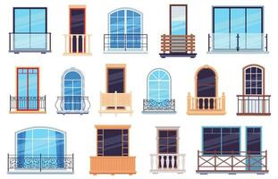 Windows and balconies. Architecture house facade elements with modern and classic balcony doors, casement frames and railings vector set