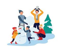 invierno actividades. contento familia haciendo muñeco de nieve. padres con niños gasto hora en Nevado parque, recreación vector