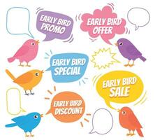 Early birds. Trendy design with bird and speech bubble, special offer sale, promotion market, discount advertising price cartoon vector set