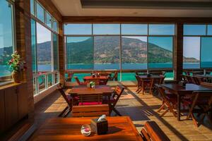 Wooden table in restaurant photo