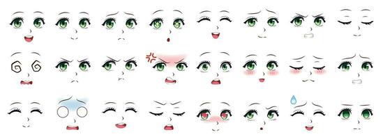 Manga expression. Anime girl facial expressions. Eyes, mouth and nose, eyebrows in japanese style. Manga woman emotions cartoon vector set