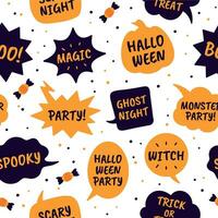 Halloween speech bubbles. Comic bubbles black and orange color with text happy halloween, magic and party, witch seamless vector pattern