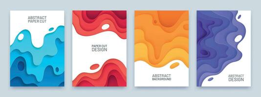 Abstract paper cut cover. Layer wavy shapes 3d pattern. Red, blue and orange flyer or banner template in carving art style. Curve vector set