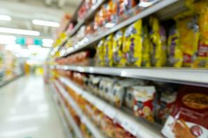 Blur image of shelf with consumer product shop in supermarket photo