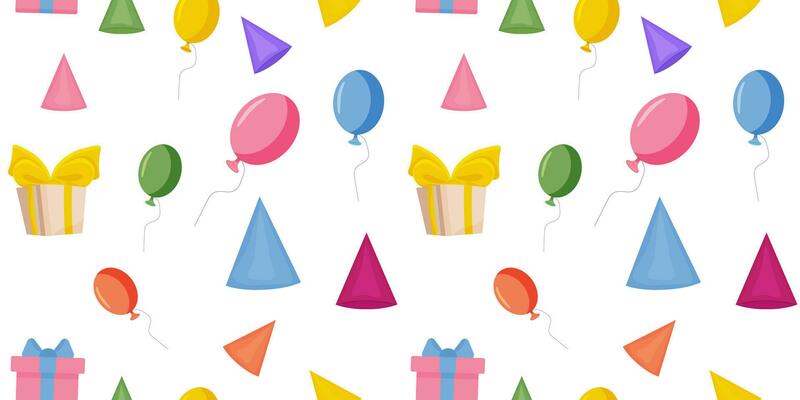 Seamless background for a party with balloons, gifts, caps. Template for parties, birthday parties. Vector illustration.