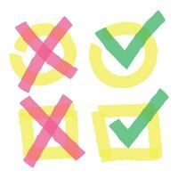 Color highlight marker check marks. Doodle bright green ticks and red crosses in circle and square boxes vector