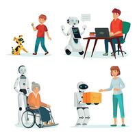 Robots interact with people in various situations vector