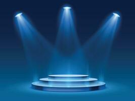 Scene podium with blue light. Stage platform with lighting for award ceremony, illuminated pedestal for presentation shows, vector image