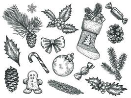 Sketch decoration xmas set. Christmas and happy new year symbols. Sock and gift, gingerbread, holly fir branches, pine cone vector elements