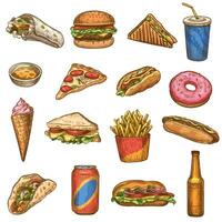 Hand drawn fast food. Sketch hot dog, pizza and donuts, burger and fries, ice cream and cola, cheeseburger and hamburger vector set.