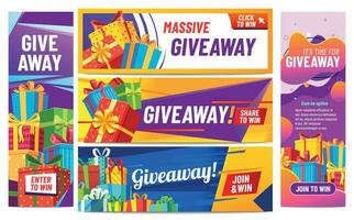 Giveaway colorful banners. Giving gifts, present boxes with ribbons. Winning award or prize social media post vector