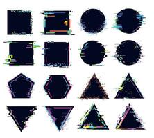 Glitch black frames of different shape. Distorted signal, square and round, triangle and polygonal figures vector