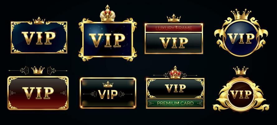 Vip frames, black label with golden glowing border with crown on top set. Dark premium template design.