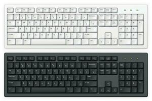 Keyboard. PC white and black key buttons with english qwerty alphabet realistic vector isolated template for device and desktop board