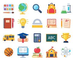 School icons. Education process students elementary study, pupil, note, pencil and book. Computer, ruler, school building vector set