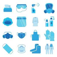 Ppe icons. Medical mask, sanitizer spray, disinfection bottle, gloves and antibacterial wipe. Covid personal protective equipment vector set