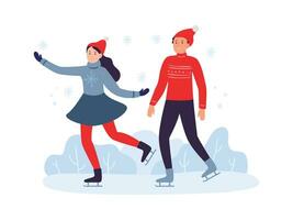 Winter sport activities. Friends skiing together wearing warm clothing. Young girl and boy spending time vector