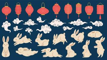 Mid autumn rabbits. Chinese and vietnamese traditional festival elements in oriental style with lanterns, clouds and funny bunny vector set