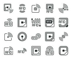 Rfid icons. Radio-frequency identification label, tag, chip and antenna line logo. Wireless system for tracking and control, vector symbols