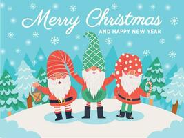 Gnomes christmas characters. Xmas greeting card with cute dwarfs, winter elements and lettering, december holidays vector background